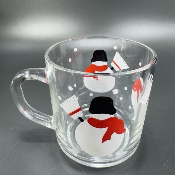 Luminarc Clear Glass Cup Mug Snow Snowman Holiday Christmas Set 2 Mugs Cups VTG - Picture 2 of 7